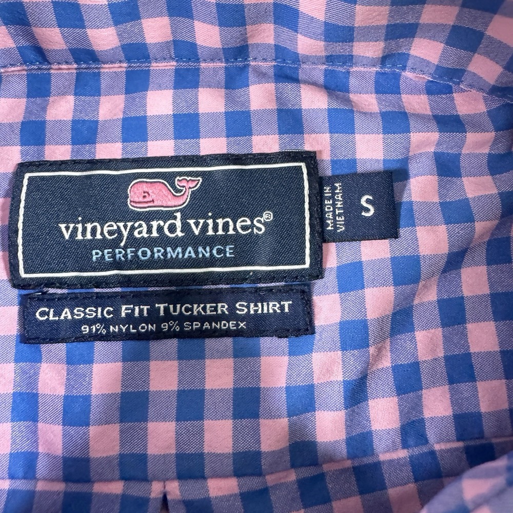 Vineyard Vines Tucker Performance Shirt‎ Mens Small Pink Blue Gingham Stretch - Picture 2 of 6